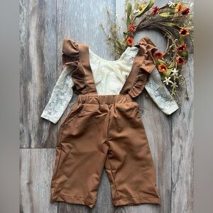 (NWT) Bailey’s Blossoms Camel Ruffle Suspender Jumpsuit with Lace Leotard